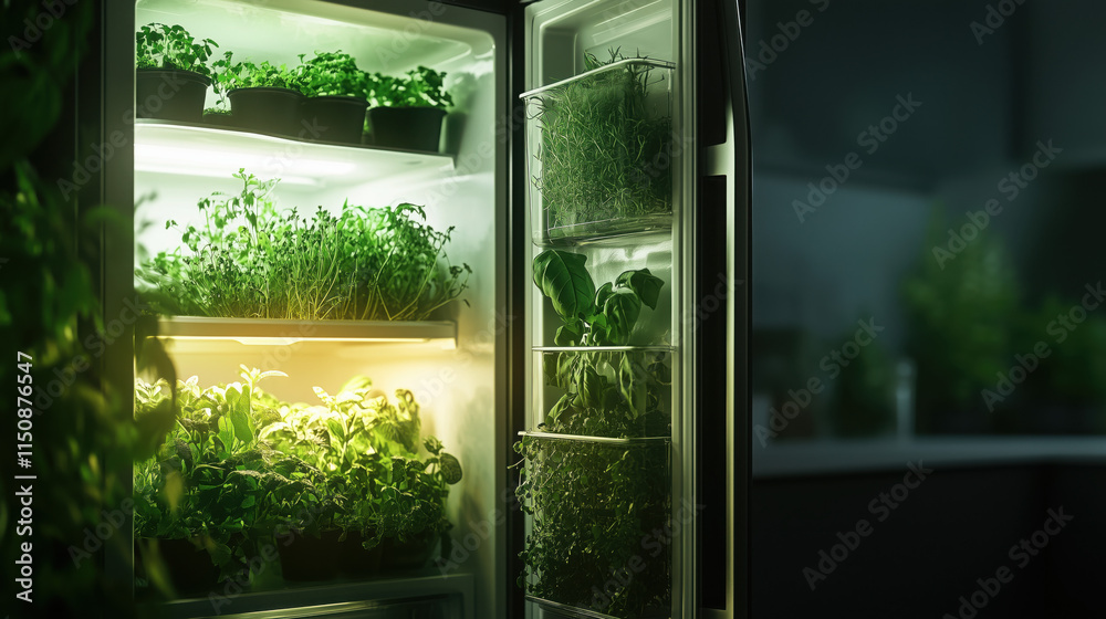 Fototapeta premium Eco-Friendly Refrigerator with Built-In Herb Garden Glowing Softly, Symbolizing Sustainable Living and Home Innovation