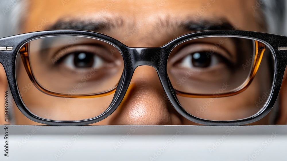 Intense Focus: A close-up portrait of a man's eyes peering over a laptop screen, showcasing the intensity of concentration and determination in his gaze. Intense Focus: A close-up portrait of a man's eyes peering over a laptop screen, showcasing the intensity of concentration and determination in his gaze.