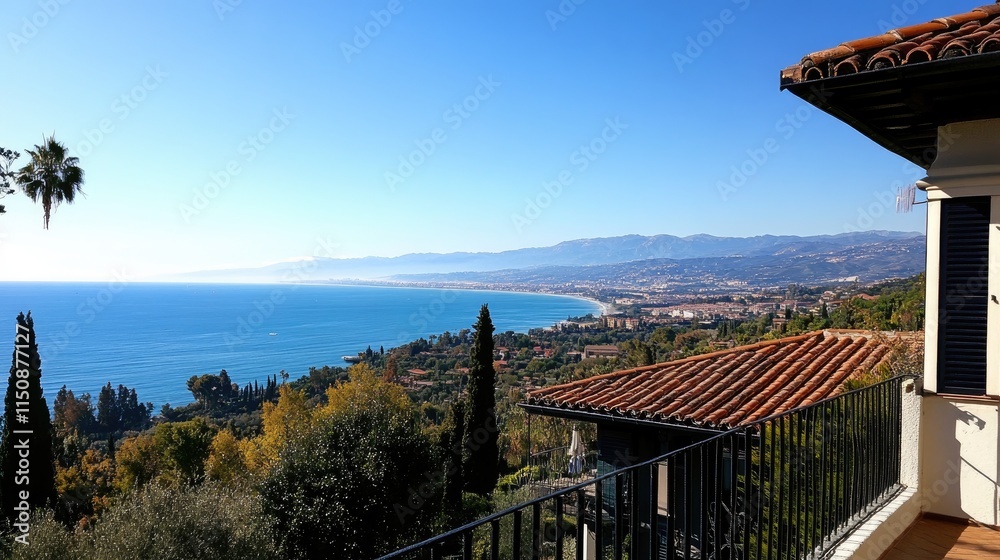 Naklejka premium Scenic Coastal View from a Terrace Overlooking the Mediterranean Sea