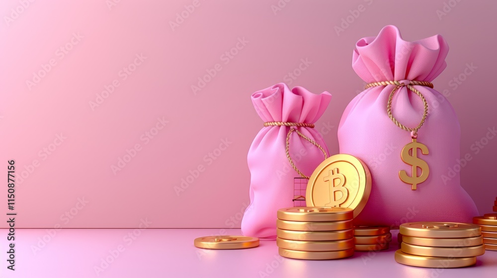 Pink money bags with gold coins and currency symbols on pink background. Pink money bags with gold coins and currency symbols on pink background.