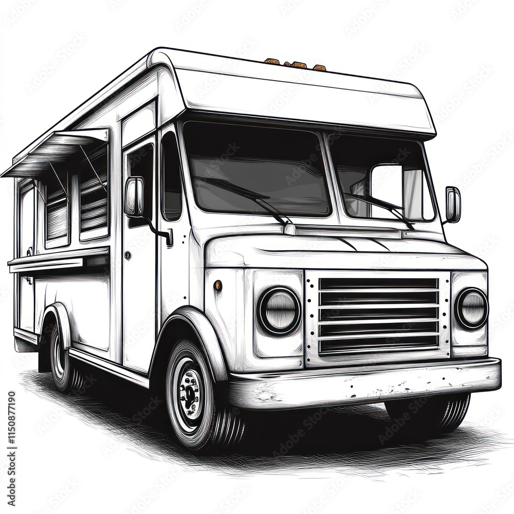 White food truck, black outline and shadow. White food truck, black outline and shadow.
