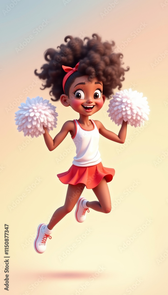 Fototapeta premium Cheerleader girl joyfully jumping with pom-poms on a soft pastel background