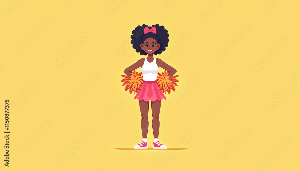 Cheerleader girl smiling with pom-poms on a bright yellow background Cheerleader girl smiling with pom-poms on a bright yellow background