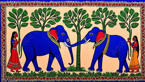 Traditional Gond art from India of elephants and trees, A Madhubani folk art painting showcasing an elephant against a textured surface.. NEW IMAGE  photo