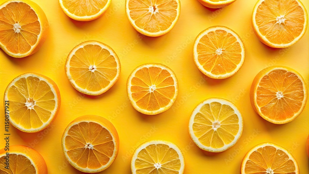 Obraz premium Minimalist Orange Slices Top View Yellow Background - Flatlay Photography