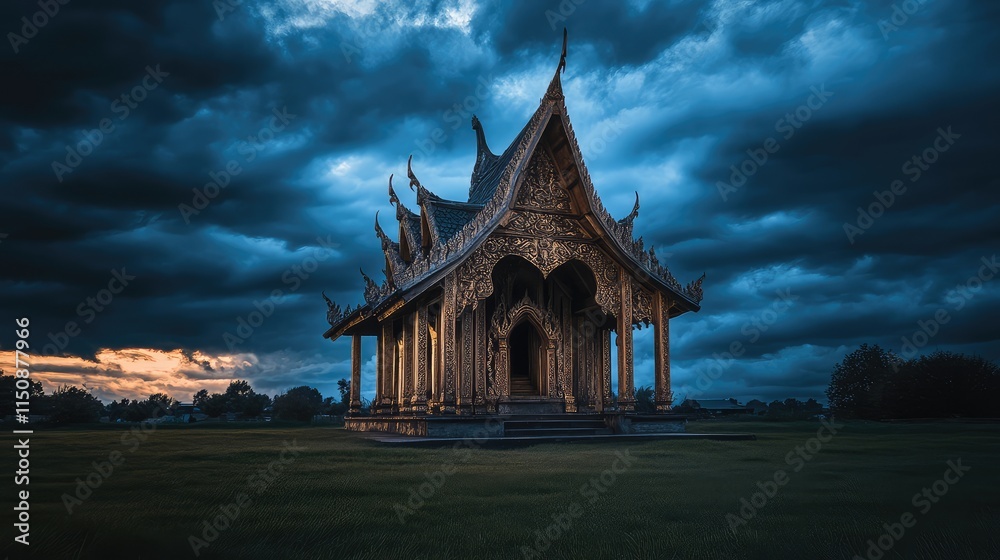 Fototapeta premium Serene Temple Landscape Under Dramatic Cloudy Sky at Twilight Hour