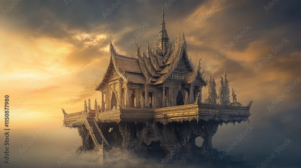 Obraz premium Ethereal Floating Temple Surrounded by Mist at Dusk