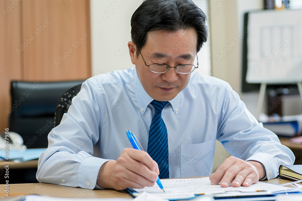 Middle-Aged Businessman Writing Notes at Work Middle-Aged Businessman Writing Notes at Work