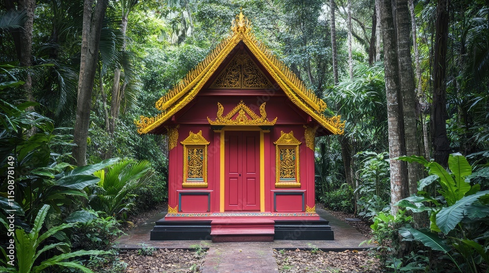 Vibrant Thai Temple Surrounded by Lush Tropical Jungle Landscape Vibrant Thai Temple Surrounded by Lush Tropical Jungle Landscape