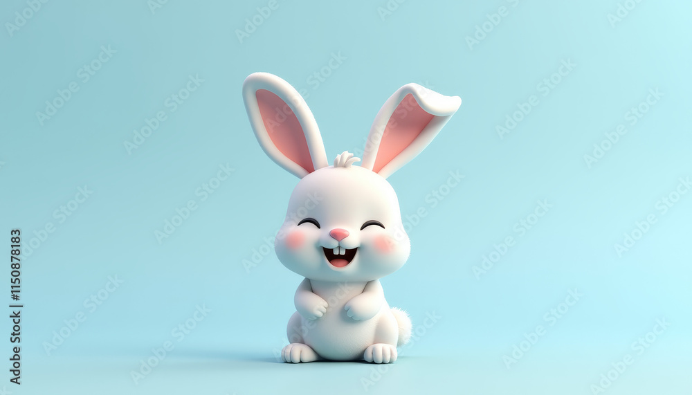 Joyful cartoon baby rabbit smiling on a light blue background Joyful cartoon baby rabbit smiling on a light blue background
