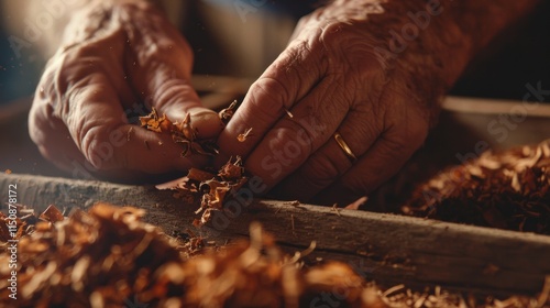 Hands Crafting with Dried Tobacco Leaves in Warm Light