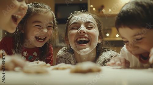 A Flour-Covered Christmas, A Mother and Children's Joyful Baking Session, Laughter Echoing Through the Cozy Holiday Kitchen as They Create Festive Treats Together photo