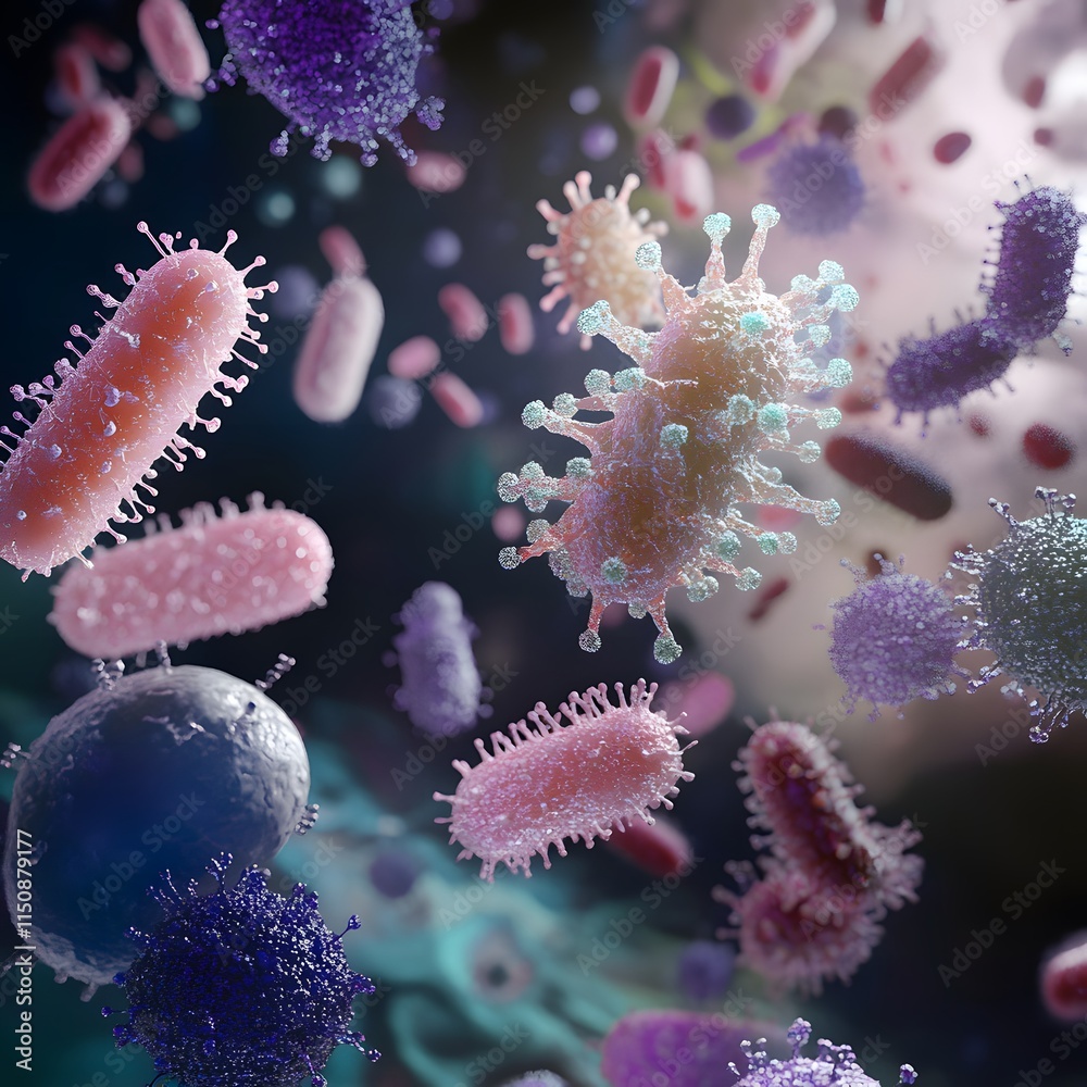 Stunning 3D illustration of intricate bacteria and virus cell models