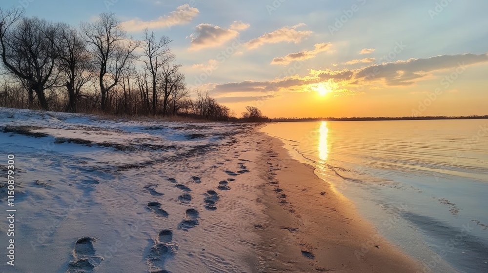 custom made wallpaper toronto digitalTranquil Sunset Over Sandy Shoreline with Footprints in Fresh Snow