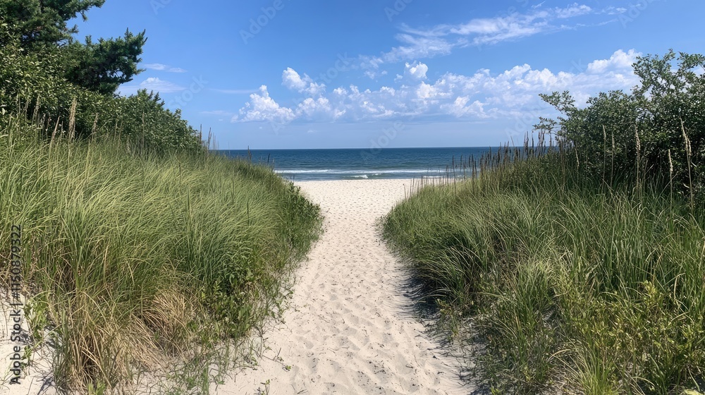 Serene Beach Pathway Surrounded by Tall Grass and Blue Sky Serene Beach Pathway Surrounded by Tall Grass and Blue Sky