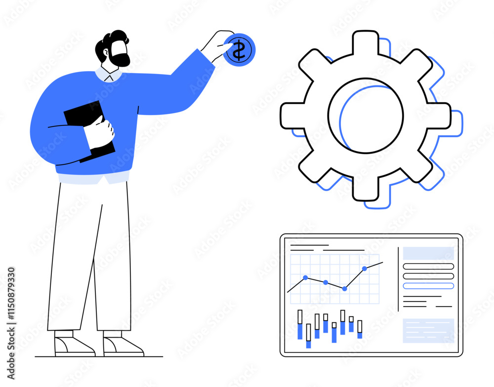 Businessman holding a clipboard, placing a coin into a gear. Below, a screen shows a graph and bar chart. Ideal for business investment, finance strategy, process optimization, project management Businessman holding a clipboard, placing a coin into a gear. Below, a screen shows a graph and bar chart. Ideal for business investment, finance strategy, process optimization, project management