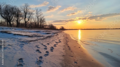 Wallpaper Mural Tranquil Sunset Over Sandy Shoreline with Footprints in Fresh Snow Torontodigital.ca