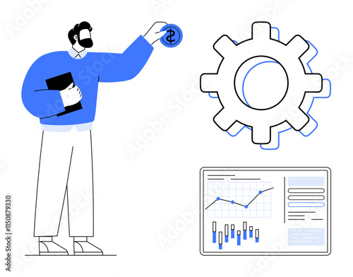 Businessman holding a clipboard, placing a coin into a gear. Below, a screen shows a graph and bar chart. Ideal for business investment, finance strategy, process optimization, project management