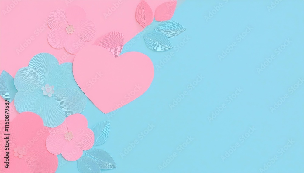 Valentine background, pink and blue, copy space, heart and flower, paper cut style Valentine background, pink and blue, copy space, heart and flower, paper cut style