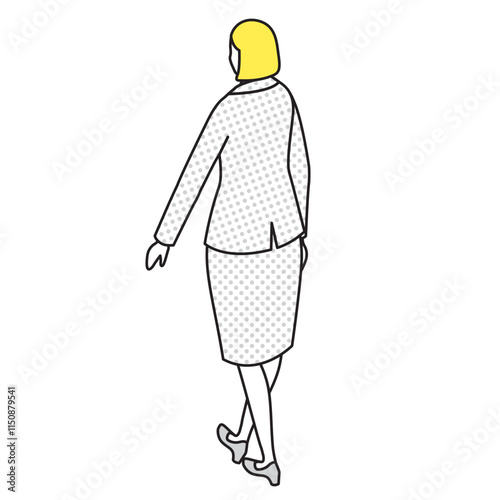 アイソメトリック_スーツ姿で歩いている女性の後ろ姿のイラスト