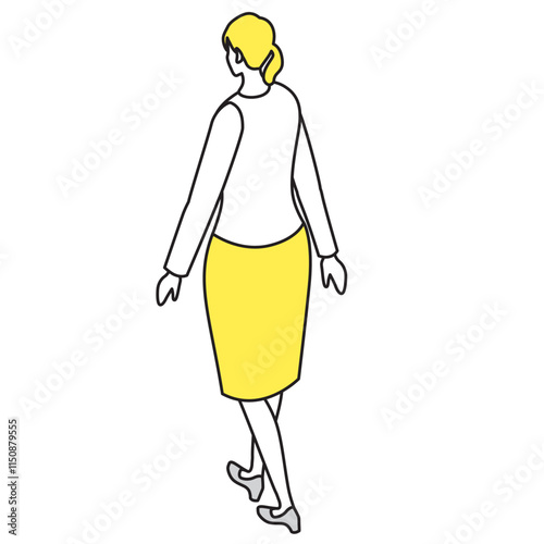 アイソメトリック_オフィスカジュアルな服装で歩いている女性のイラスト