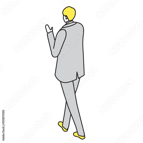 アイソメトリック_スーツ姿で歩いている男性の後ろ姿のイラスト