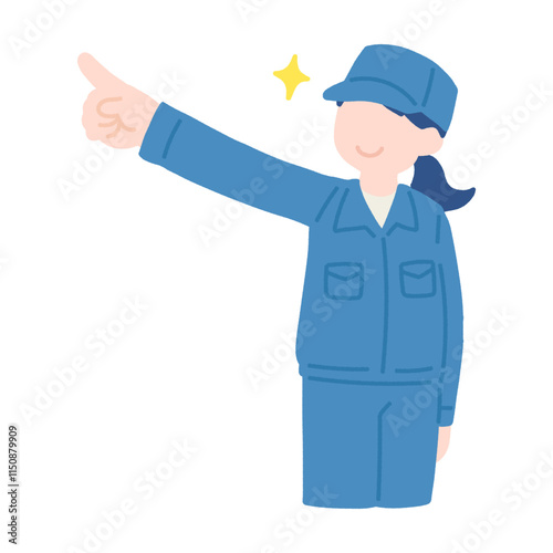 斜め上を指さす作業服を着た女性のフラットなイラスト
