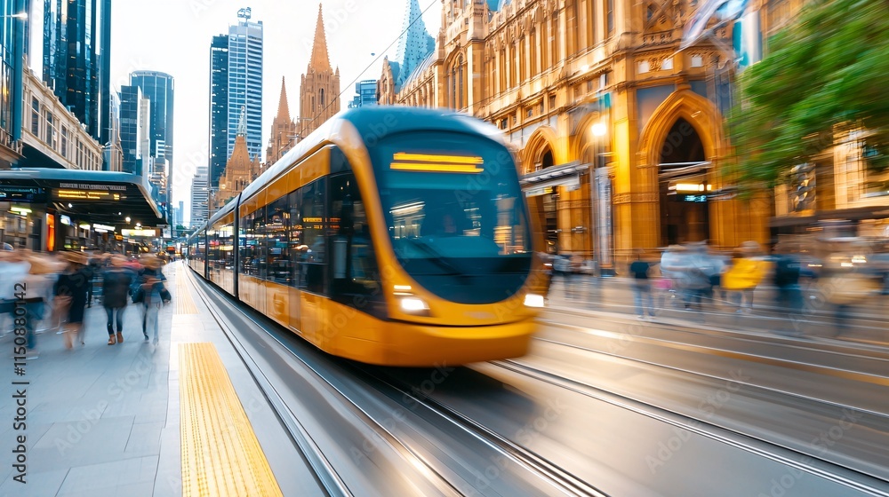 Public transport station route concept. A vibrant city scene featuring a yellow tram in motion, surrounded by modern architecture and blurred pedestrians.
