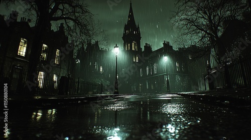 Dark, rainy city street at night with gothic architecture.