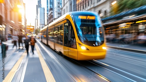 Public transport station route concept. A vibrant yellow tram moves through a bustling city street, capturing the energy of urban life during sunset.