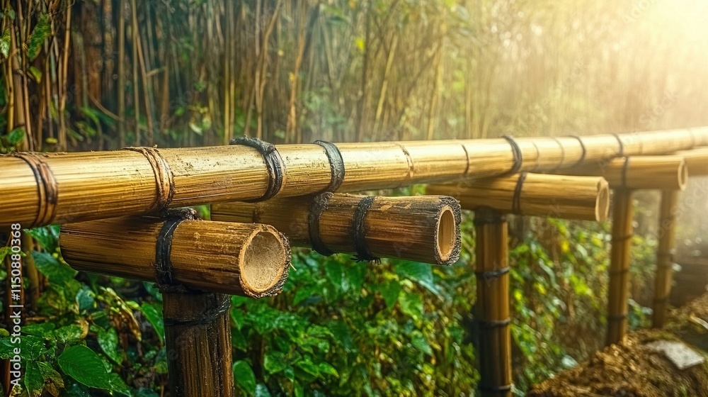 Bamboo railing pathway amidst lush green foliage Bamboo railing pathway amidst lush green foliage