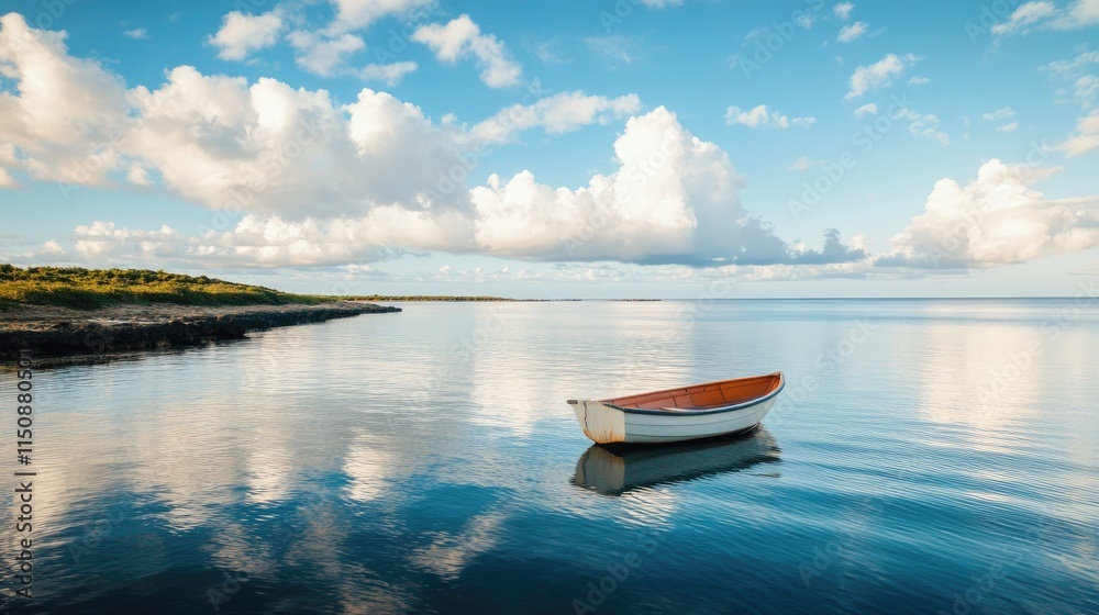 Serene Landscape with Wooden Boat on Calm Water Under Blue Sky Serene Landscape with Wooden Boat on Calm Water Under Blue Sky