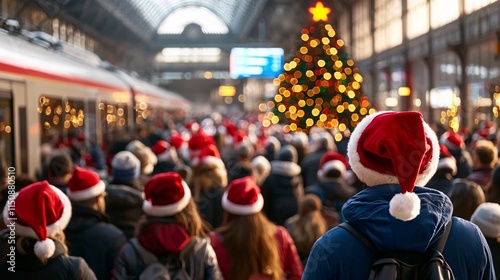 Wallpaper Mural Public transport station route concept. Crowd wearing Santa hats at a train station, with a decorated Christmas tree in the background, creating a festive holiday atmosphere. Torontodigital.ca