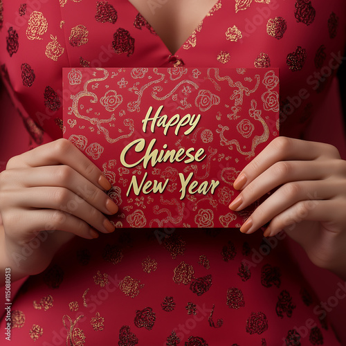 Chinese New Year Illustration, Red Envelope Card Design in Traditional Chinese Art Style photo