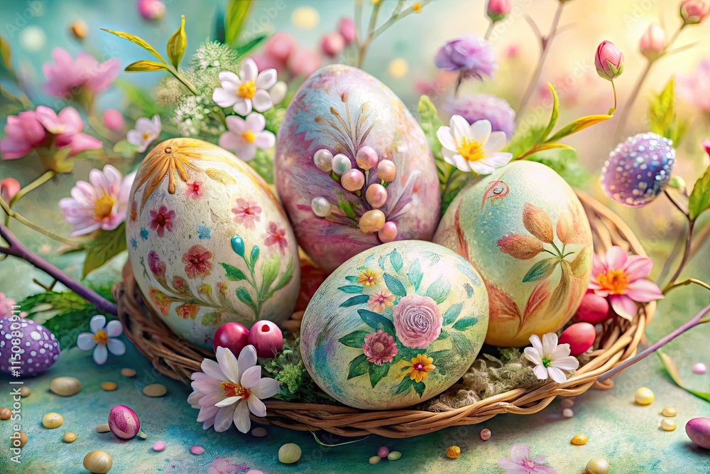 Fototapeta premium Pastel panoramic watercolor Easter eggs: a festive spring egg hunt decoration.