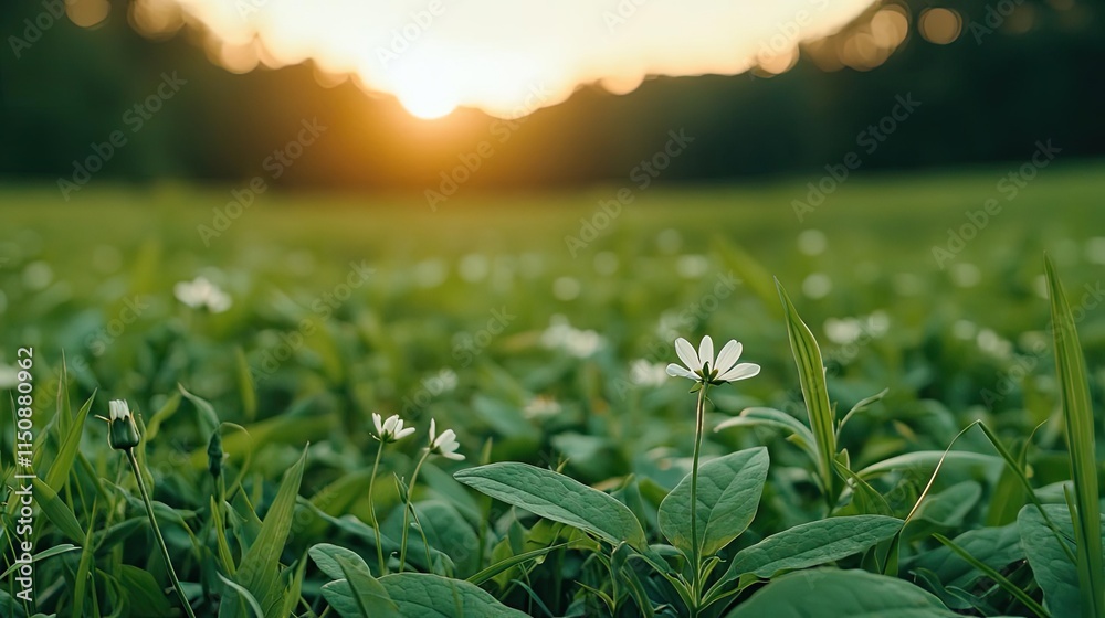 Serene nature idea. Delicate flowers bloom in a serene green meadow during sunset, showcasing nature's beauty. Serene nature idea. Delicate flowers bloom in a serene green meadow during sunset, showcasing nature's beauty.