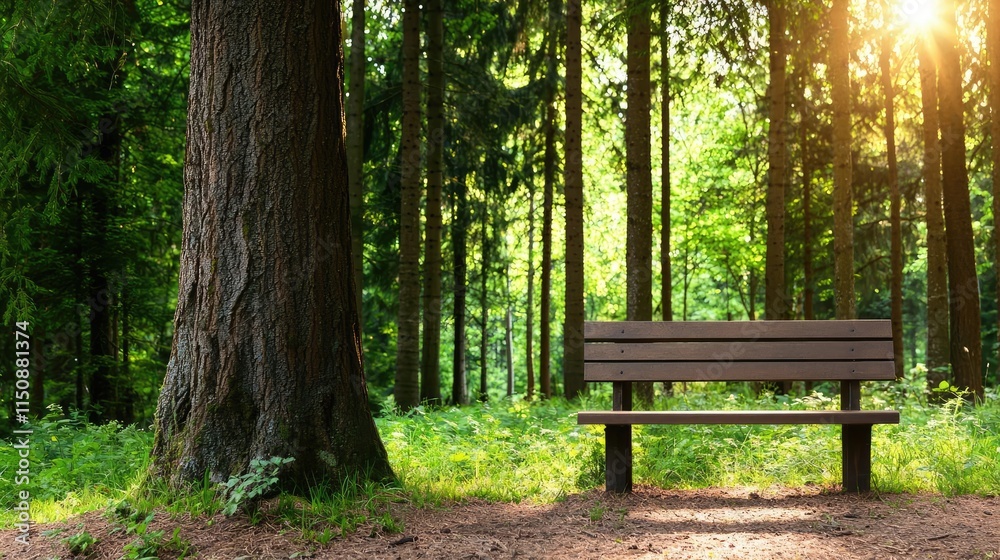 Serene nature concept. A serene forest scene with a wooden bench bathed in warm sunlight amid lush greenery. Serene nature concept. A serene forest scene with a wooden bench bathed in warm sunlight amid lush greenery.