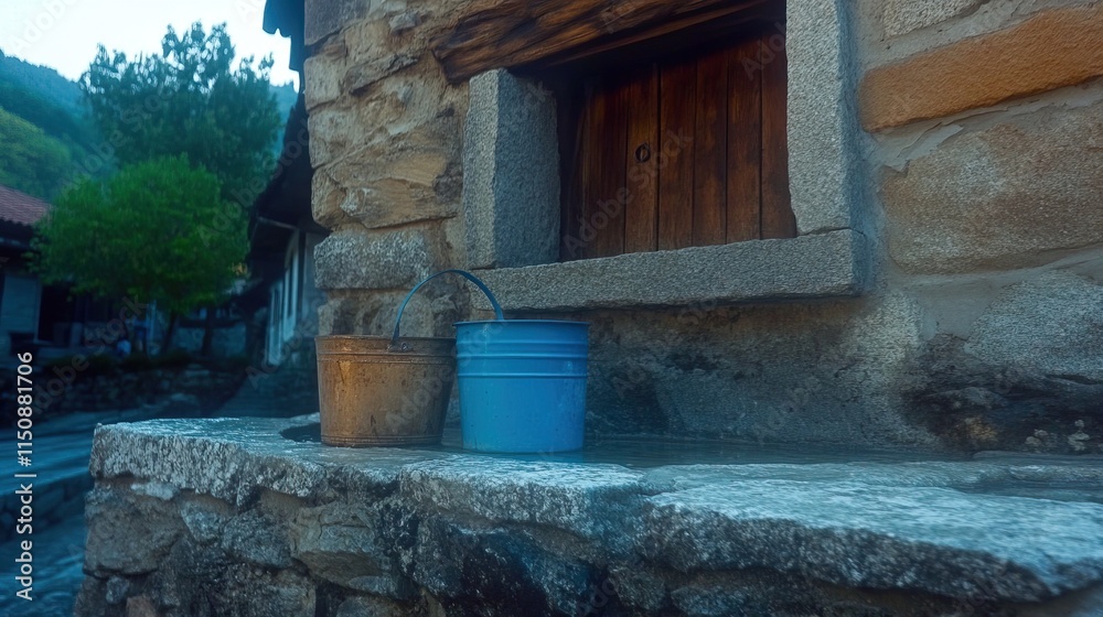 Two Buckets Resting On Stone Near Old Building Two Buckets Resting On Stone Near Old Building