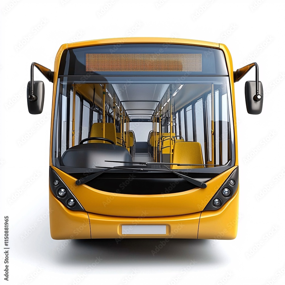 Public transport station route concept. Bright yellow city bus with a clear windshield, showcasing an interior filled with seats and a modern design.