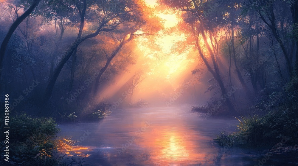 Serene Sunrise Over Misty River in Enchanted Forest Landscape Serene Sunrise Over Misty River in Enchanted Forest Landscape
