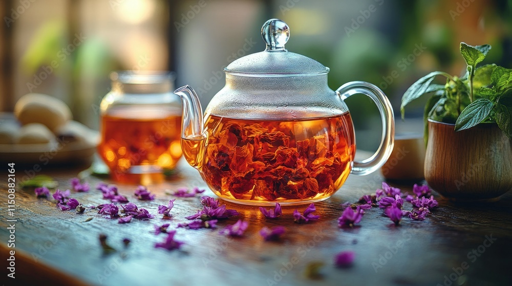 Fototapeta premium Glass teapot with brewed tea, flowers, and pastries on wooden table.