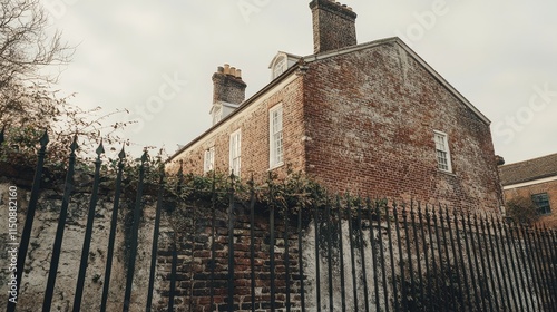 Historic brick house behind an iron fence in a quaint setting