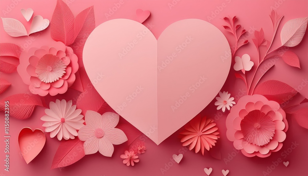 Valentine background, copy space, heart and flower, paper cut style Valentine background, copy space, heart and flower, paper cut style