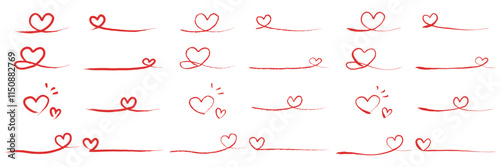 手書きのハート素材のセット、ハートの線、装飾ライン