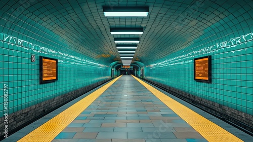 A vibrant subway station corridor with turquoise tiles and yellow platform edges.