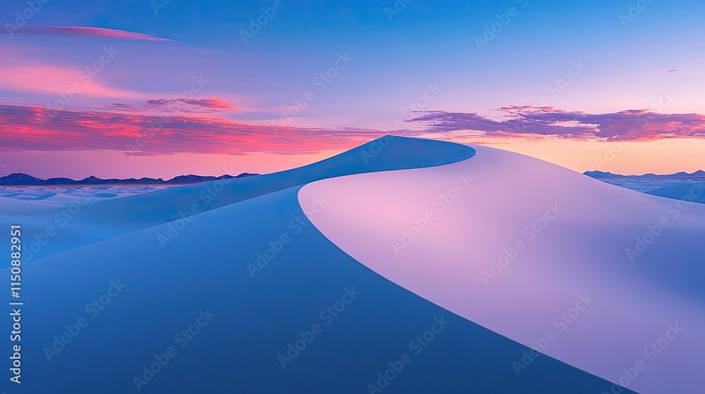 Serene nature concept. Stunning desert landscape with soft dunes under a colorful twilight sky.