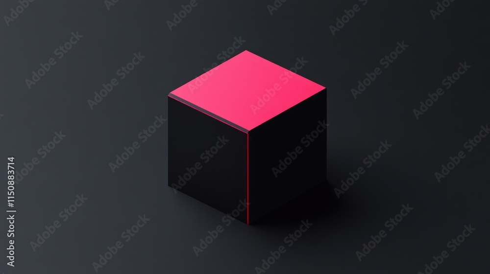 Fototapeta premium Pink-edged black cube on dark background.