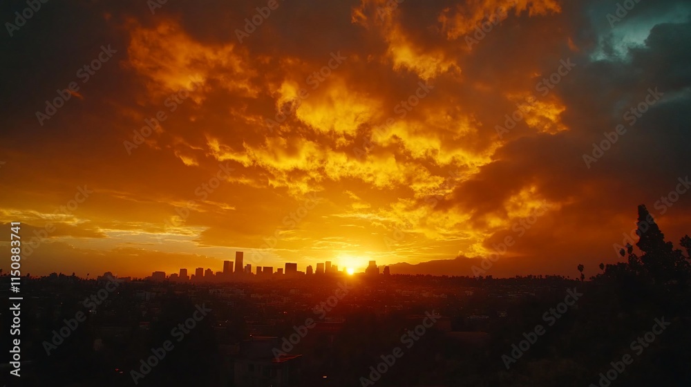 Fiery sunset over a silhouetted city skyline. Fiery sunset over a silhouetted city skyline.