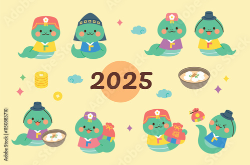 Snake characters symbolizing the year 2025. They are wearing traditional Korean clothing, hanbok.