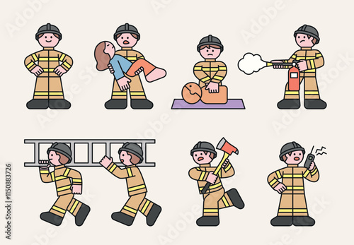 A collection of firefighter characters. They rescue people, perform CPR, carry ladders, axes, and fire extinguishers, and communicate on the radio. Cuttiny character with outline.